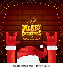 vector cartoon Santa Claus rock n roll style with golden greeting text on brick wall background with christmas star lights. Merry Christmas Rock n roll party poster design or greeting card. 