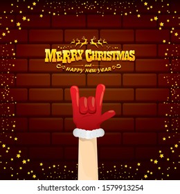 vector cartoon Santa Claus rock n roll style with golden greeting text on brick wall background with christmas star lights. Merry Christmas Rock n roll party poster design or greeting card. 