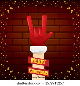 vector cartoon Santa Claus rock n roll style with golden greeting text on brick wall background with christmas star lights. Merry Christmas Rock n roll party poster design or greeting card. 