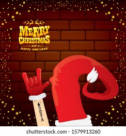vector cartoon Santa Claus rock n roll style with golden greeting text on brick wall background with christmas star lights. Merry Christmas Rock n roll party poster design or greeting card. 