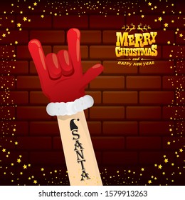 vector cartoon Santa Claus rock n roll style with golden greeting text on brick wall background with christmas star lights. Merry Christmas Rock n roll party poster design or greeting card. 