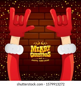 vector cartoon Santa Claus rock n roll style with golden greeting text on brick wall background with christmas star lights. Merry Christmas Rock n roll party poster design or greeting card. 