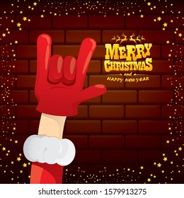vector cartoon Santa Claus rock n roll style with golden greeting text on brick wall background with christmas star lights. Merry Christmas Rock n roll party poster design or greeting card. 