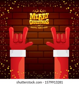 vector cartoon Santa Claus rock n roll style with golden greeting text on brick wall background with christmas star lights. Merry Christmas Rock n roll party poster design or greeting card. 