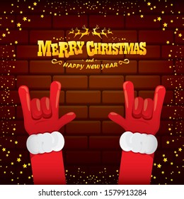 vector cartoon Santa Claus rock n roll style with golden greeting text on brick wall background with christmas star lights. Merry Christmas Rock n roll party poster design or greeting card. 