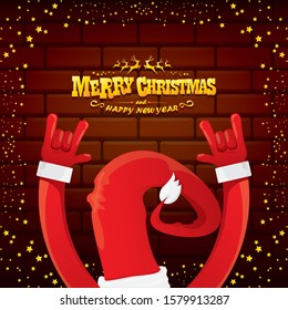vector cartoon Santa Claus rock n roll style with golden greeting text on brick wall background with christmas star lights. Merry Christmas Rock n roll party poster design or greeting card. 