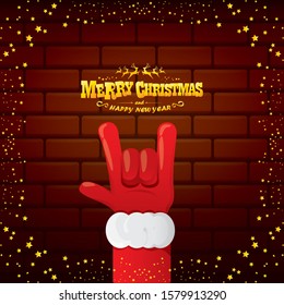 vector cartoon Santa Claus rock n roll style with golden greeting text on brick wall background with christmas star lights. Merry Christmas Rock n roll party poster design or greeting card. 