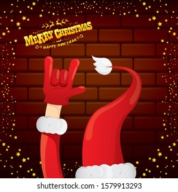 vector cartoon Santa Claus rock n roll style with golden greeting text on brick wall background with christmas star lights. Merry Christmas Rock n roll party poster design or greeting card. 