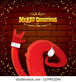 vector cartoon Santa Claus rock n roll style with golden greeting text on brick wall background with christmas star lights. Merry Christmas Rock n roll party poster design or greeting card. 