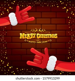 vector cartoon Santa Claus rock n roll style with golden greeting text on brick wall background with christmas star lights. Merry Christmas Rock n roll party poster design or greeting card. 