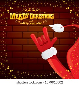 vector cartoon Santa Claus rock n roll style with golden greeting text on brick wall background with christmas star lights. Merry Christmas Rock n roll party poster design or greeting card. 