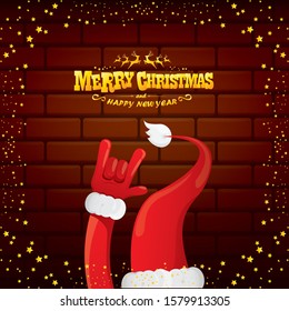 vector cartoon Santa Claus rock n roll style with golden greeting text on brick wall background with christmas star lights. Merry Christmas Rock n roll party poster design or greeting card. 