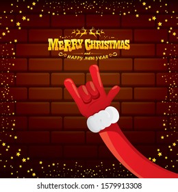 vector cartoon Santa Claus rock n roll style with golden greeting text on brick wall background with christmas star lights. Merry Christmas Rock n roll party poster design or greeting card. 