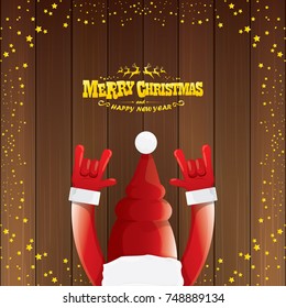 vector cartoon Santa Claus rock n roll style with golden calligraphic greeting text on wooden background with christmas star lights. Merry Christmas Rock n roll party poster design or greeting card. 