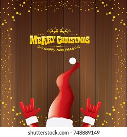 vector cartoon Santa Claus rock n roll style with golden calligraphic greeting text on wooden background with christmas star lights. Merry Christmas Rock n roll party poster design or greeting card. 