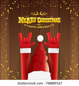 vector cartoon Santa Claus rock n roll style with golden calligraphic greeting text on wooden background with christmas star lights. Merry Christmas Rock n roll party poster design or greeting card. 