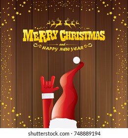 vector cartoon Santa Claus rock n roll style with golden calligraphic greeting text on wooden background with christmas star lights. Merry Christmas Rock n roll party poster design or greeting card. 