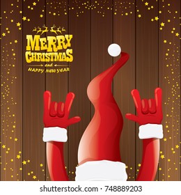 vector cartoon Santa Claus rock n roll style with golden calligraphic greeting text on wooden background with christmas star lights. Merry Christmas Rock n roll party poster design or greeting card. 