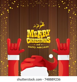 vector cartoon Santa Claus rock n roll style with golden calligraphic greeting text on wooden background with christmas star lights. Merry Christmas Rock n roll party poster design or greeting card. 