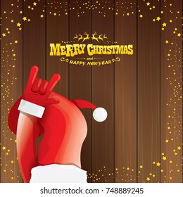 vector cartoon Santa Claus rock n roll style with golden calligraphic greeting text on wooden background with christmas star lights. Merry Christmas Rock n roll party poster design or greeting card. 