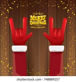 vector cartoon Santa Claus rock n roll style with golden calligraphic greeting text on wooden background with christmas star lights. Merry Christmas Rock n roll party poster design or greeting card. 
