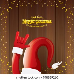 vector cartoon Santa Claus rock n roll style with golden calligraphic greeting text on wooden background with christmas star lights. Merry Christmas Rock n roll party poster design or greeting card. 