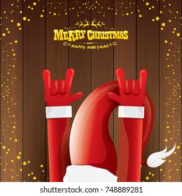 vector cartoon Santa Claus rock n roll style with golden calligraphic greeting text on wooden background with christmas star lights. Merry Christmas Rock n roll party poster design or greeting card. 