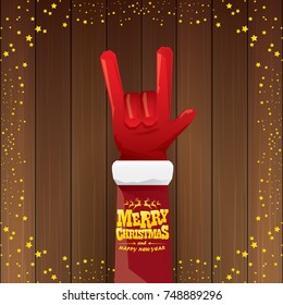 vector cartoon Santa Claus rock n roll style with golden calligraphic greeting text on wooden background with christmas star lights. Merry Christmas Rock n roll party poster design or greeting card. 