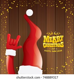vector cartoon Santa Claus rock n roll style with golden calligraphic greeting text on wooden background with christmas star lights. Merry Christmas Rock n roll party poster design or greeting card. 