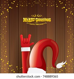 vector cartoon Santa Claus rock n roll style with golden calligraphic greeting text on wooden background with christmas star lights. Merry Christmas Rock n roll party poster design or greeting card. 