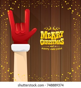 vector cartoon Santa Claus rock n roll style with golden calligraphic greeting text on wooden background with christmas star lights. Merry Christmas Rock n roll party poster design or greeting card. 