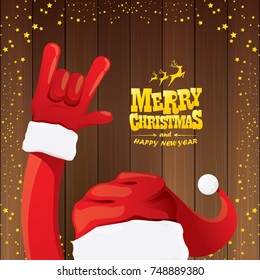 vector cartoon Santa Claus rock n roll style with golden calligraphic greeting text on wooden background with christmas star lights. Merry Christmas Rock n roll party poster design or greeting card. 