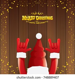 vector cartoon Santa Claus rock n roll style with golden calligraphic greeting text on wooden background with christmas star lights. Merry Christmas Rock n roll party poster design or greeting card. 
