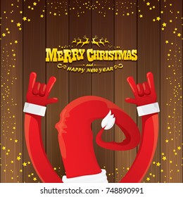 vector cartoon Santa Claus rock n roll style with golden calligraphic greeting text on wooden background with christmas star lights. Merry Christmas Rock n roll party poster design or greeting card. 