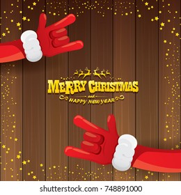 vector cartoon Santa Claus rock n roll style with golden calligraphic greeting text on wooden background with christmas star lights. Merry Christmas Rock n roll party poster design or greeting card. 
