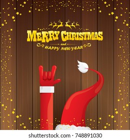 vector cartoon Santa Claus rock n roll style with golden calligraphic greeting text on wooden background with christmas star lights. Merry Christmas Rock n roll party poster design or greeting card. 