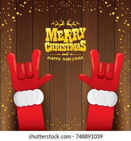 vector cartoon Santa Claus rock n roll style with golden calligraphic greeting text on wooden background with christmas star lights. Merry Christmas Rock n roll party poster design or greeting card. 