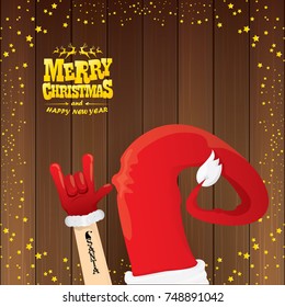 vector cartoon Santa Claus rock n roll style with golden calligraphic greeting text on wooden background with christmas star lights. Merry Christmas Rock n roll party poster design or greeting card. 