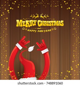 vector cartoon Santa Claus rock n roll style with golden calligraphic greeting text on wooden background with christmas star lights. Merry Christmas Rock n roll party poster design or greeting card. 