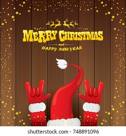 vector cartoon Santa Claus rock n roll style with golden calligraphic greeting text on wooden background with christmas star lights. Merry Christmas Rock n roll party poster design or greeting card. 