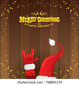 vector cartoon Santa Claus rock n roll style with golden calligraphic greeting text on wooden background with christmas star lights. Merry Christmas Rock n roll party poster design or greeting card. 