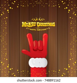 vector cartoon Santa Claus rock n roll style with golden calligraphic greeting text on wooden background with christmas star lights. Merry Christmas Rock n roll party poster design or greeting card. 