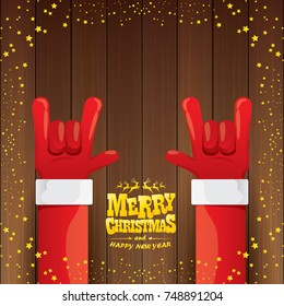 vector cartoon Santa Claus rock n roll style with golden calligraphic greeting text on wooden background with christmas star lights. Merry Christmas Rock n roll party poster design or greeting card. 