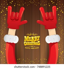 vectorial caricatura de Santa Claus rock en estilo rollo con texto caligráfico dorado de saludo sobre fondo de madera con luces de estrella de Navidad. Feria navideña Diseño de afiches o tarjetas de felicitación. 