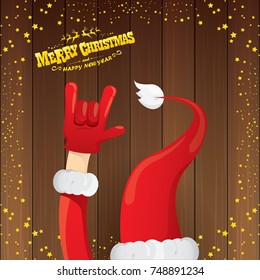 vector cartoon Santa Claus rock n roll style with golden calligraphic greeting text on wooden background with christmas star lights. Merry Christmas Rock n roll party poster design or greeting card. 
