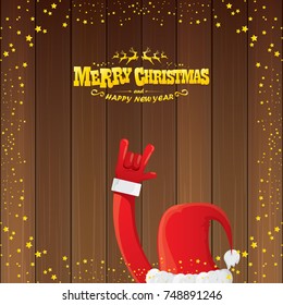 vector cartoon Santa Claus rock n roll style with golden calligraphic greeting text on wooden background with christmas star lights. Merry Christmas Rock n roll party poster design or greeting card. 