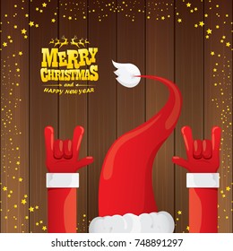 vector cartoon Santa Claus rock n roll style with golden calligraphic greeting text on wooden background with christmas star lights. Merry Christmas Rock n roll party poster design or greeting card. 