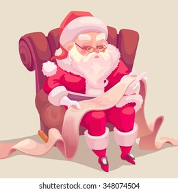 Vector cartoon of Santa Claus seating on the chair and reading children names