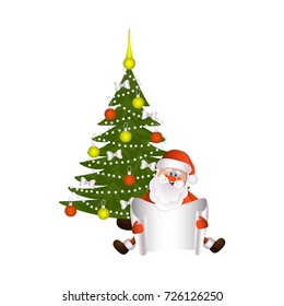 vector cartoon Santa Claus sitting keeping blank white paper with free space for a text on the background of decorated christmas spruce tree. Illustration isolated on a white background.