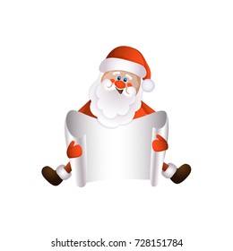 vector cartoon Santa Claus sitting in red white clothing and hat keeping blank white paper with free space for a text. Illustration isolated on a white background. Christmas ,new year poster design